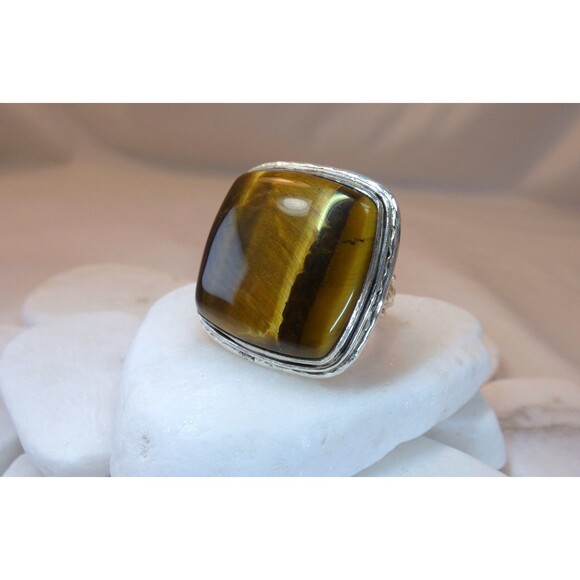 Large Natural Tiger's Eye Sterling Silver Ring Size 8 - Picture 4 of 10